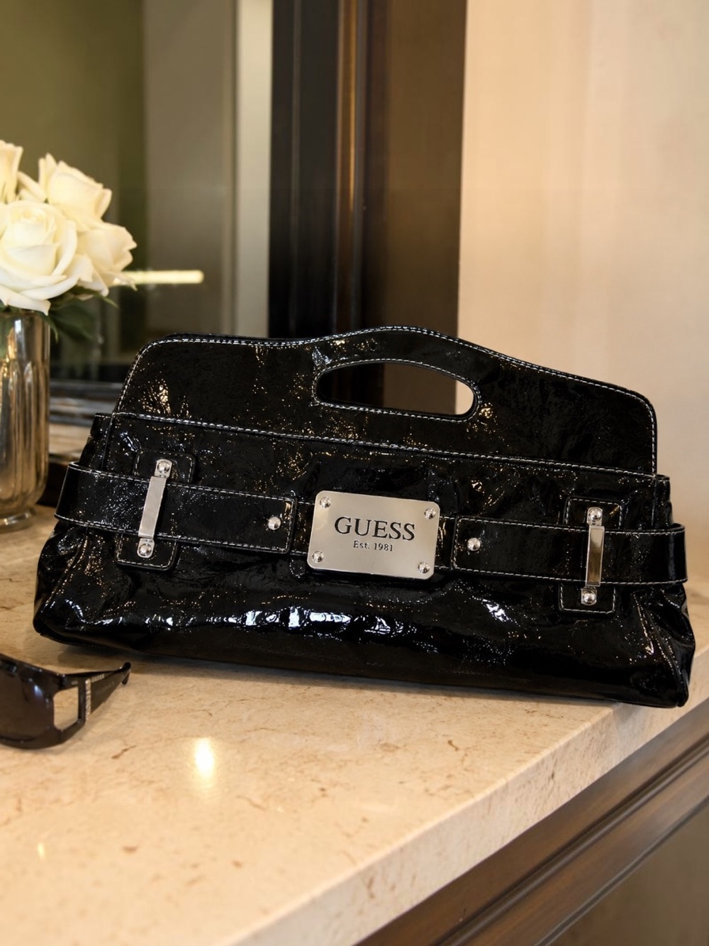 Vintage Guess Black Patent Oversized Clutch Handbag | Y2K Indie Sleaze It Girl